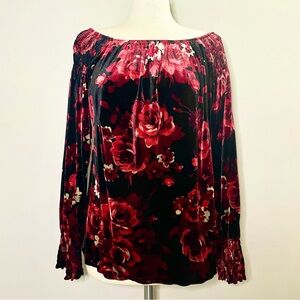 Karen Kane Lifestyle Bella Peasant Shirt Velvet Floral Off Shoulder Top